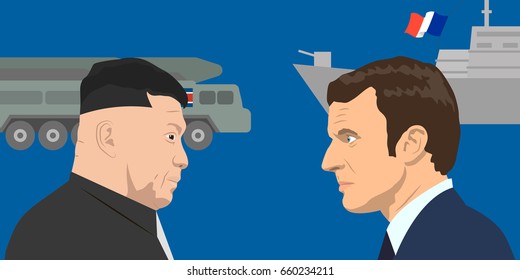 June 15, 2017: editorial vector illustration of the French Republic President Emmanuel Macron and the supreme leader of the North Korea Kim Jong-un on military forces background.