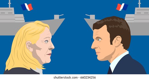 June 15, 2017: editorial vector illustration of the French Republic President Emmanuel Macron and the French politician Marine Le Pen on military forces background.