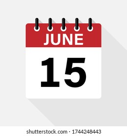 June  15 Calendar Icon. Calendar Icon with shadow. Flat style. Date, day and month.
