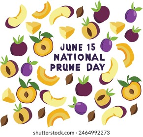 June 15 is National prune day Vector illustration. 
Good for banner, poster, greeting card, party card, invitation, template, advertising, campaign, and social media. 
