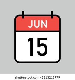 june 15, red and white color calendar page with black outline, calendar date vector illustration