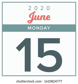 
June 15th, 2020. Calendar day icon. Red and grey color.