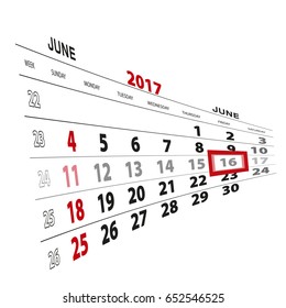 June 16, highlighted on 2017 calendar. Vector Illustration.