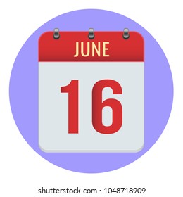 June 16. Vector flat daily calendar icon. Date and time, day, month 2018. Holiday. Season.