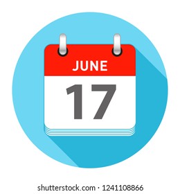 June 17 Date on a Single Day Calendar in Flat Style with long flat shadow on a blue background