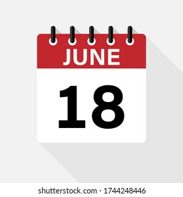 Icono del calendario del 18 de junio. Icono de calendario con sombra. Estilo plano. Fecha, día y mes.