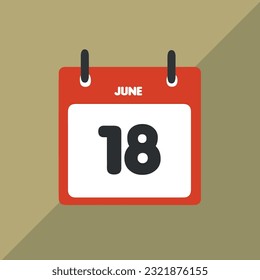 Calendario del icono vector 18 de junio Fecha, día y mes Ilustración vectorial, fondo colorido.