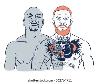 June, 19 2017: Vector illustration of famous boxing fighters and MMA Conor McGregor and Floyd Mayweather. Boxing match. Las Vegas, The battle of the century