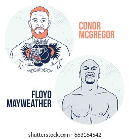 June, 19 2017: Vector illustration of famous boxing fighters and MMA Conor McGregor and Floyd Mayweather. Boxing match. Las Vegas, The battle of the century
