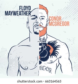 June, 19 2017: Vector illustration of famous boxing fighters and MMA Conor McGregor and Floyd Mayweather. Boxing match. Las Vegas, The battle of the century

