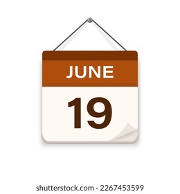 June 19, Calendar icon with shadow. Day, month. Meeting appointment time. Event schedule date. Flat vector illustration. 