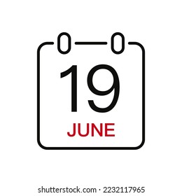 June 19 date on the calendar, vector line stroke icon for user interface. Calendar with date, vector illustration.
