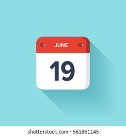 June 19. Isometric Calendar Icon With Shadow.Vector Illustration,Flat Style.Month and Date.Sunday,Monday,Tuesday,Wednesday,Thursday,Friday,Saturday.Week,Weekend,Red Letter Day. Holidays 2017.