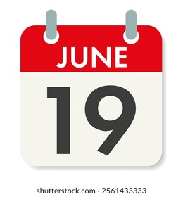 JUNE 19. Juneteenth. Calendar sheet. Holiday date. Vector illustration isolated on white background.