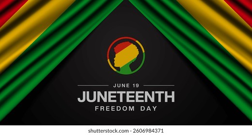 June 19 is Juneteenth Freedom Day. Flag and more. Great for posters, banners, social media and more. Black background.