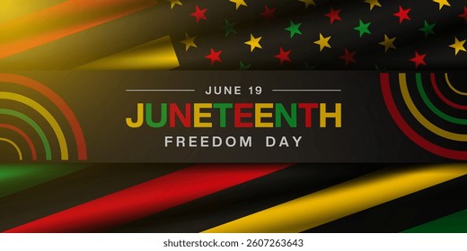 June 19 is Juneteenth freedom day. Flag and light. Great for posters, banners, social media and more. Black background.