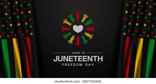 June 19 is Juneteenth freedom day. Flag, people and heart. Great for posters, banners, social media and more. Black background.