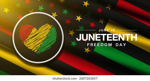 June 19 is Juneteenth freedom day. Flag, heart and light. Great for posters, banners, social media and more. Black background.