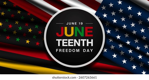 June 19 is Juneteenth freedom day. American flag and more. Great for posters, banners, social media and more. Black background.
