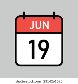 june 19, red and white color calendar page with black outline, calendar date vector illustration