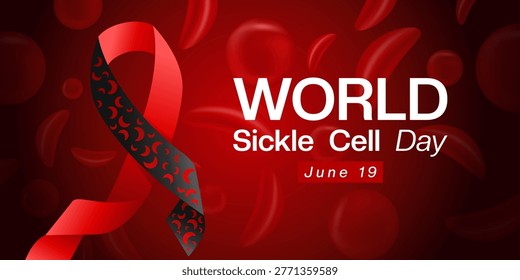 June 19th Is World Sickle Cell Day. Sickle cell and ribbon. Suitable for posters, banners, social media and more. Red background.