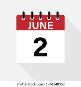 June 2  Calendar Icon. Calendar Icon with shadow. Flat style. Date, day and month.