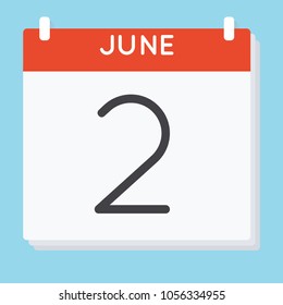 June 2. Calendar icon. Vector illustration in flat design isolated in blue background. Date and time, day, month.