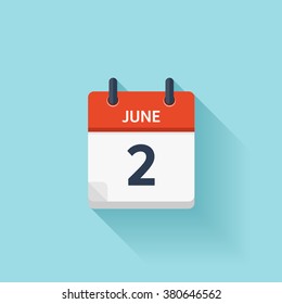 June  2. Calendar icon.Vector illustration,flat style.Date,day of month:Sunday,Monday,Tuesday,Wednesday,Thursday,Friday,Saturday.Weekend,red letter day.Calendar for 2017 year.Holidays in June.