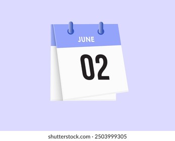 June 2 - calendar and Time planner. Daily Calendar Icon reminder. Vector Illustration.