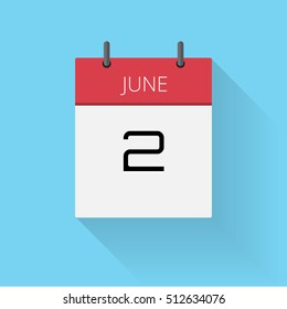 June 2, Daily calendar icon, Date and time, day, month, Holiday, Flat designed Vector Illustration