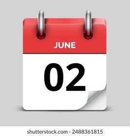 June 2 daily realistic red calendar icon date vector image