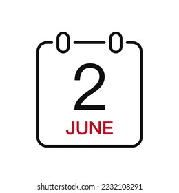 Fecha del 2 de junio en el calendario, icono de trazo de línea vectorial para la interfaz de usuario. Calendario con fecha, ilustración vectorial.