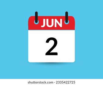 June 2. Flat icon calendar isolated on blue background. Date and month vector illustration