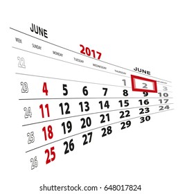 June 2, highlighted on 2017 calendar. Vector Illustration.