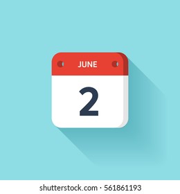 June 2. Isometric Calendar Icon With Shadow.Vector Illustration,Flat Style.Month and Date.Sunday,Monday,Tuesday,Wednesday,Thursday,Friday,Saturday.Week,Weekend,Red Letter Day. Holidays 2017.