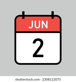 June 2, red and white color calendar page with black outline, calendar date vector illustration