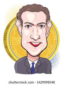 June 20, 2019. Caricature Vector Illustration of Mark Zuckerberg, co-founding and leading of Facebook with Golden Digital Coin. A new global digital currency. He is The CEO of Company in USA.
