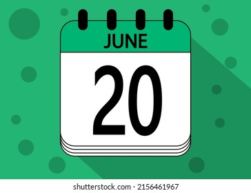 20 de junio, fecha calendario de diseño verde. Icono de página de calendario para los días de junio