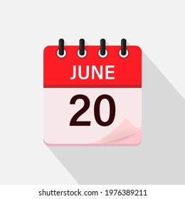 June 20, Calendar icon with shadow. Day, month. Flat vector illustration.
