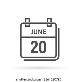 June 20, Calendar icon with shadow. Day, month. Flat vector illustration.