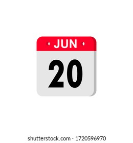 June 20 - Calendar Icon. Summer days of the year. Calendar Icon with shadow. Flat style. Date, day and month. Reminder. Vector illustration. Organizer application, app symbol. Ui. User interface sign.