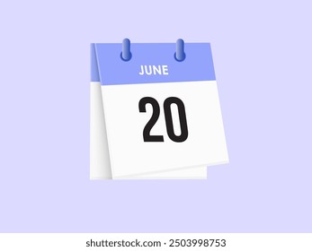 June 20 - calendar and Time planner. Daily Calendar Icon reminder. Vector Illustration.