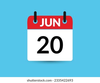June 20. Flat icon calendar isolated on blue background. Date and month vector illustration