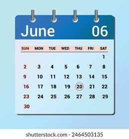 June 20. Flat icon calendar isolated on blue background. Date and month vector illustration