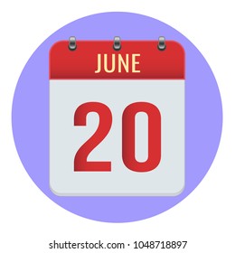 June 20. Vector flat daily calendar icon. Date and time, day, month 2018. Holiday. Season.