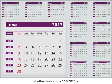 June 2013 calendar highlighting