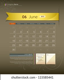 June 2013 calendar ribbon design, vector illustration