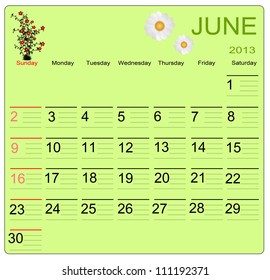  June  2013 calendar, vector illustration