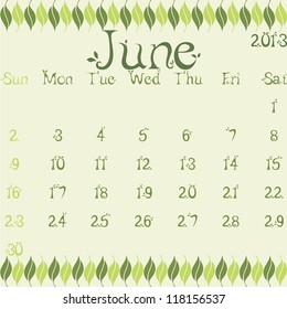 June 2013 calendar vector illustration template leaves design
