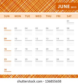 June 2013 planning calendar with space for notes. Checked orange texture in background.